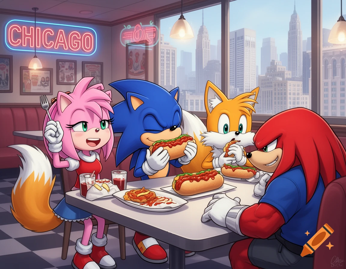 Sonic, Amy, Tails, and Knuckles eating chili dogs at a diner in Chicago.