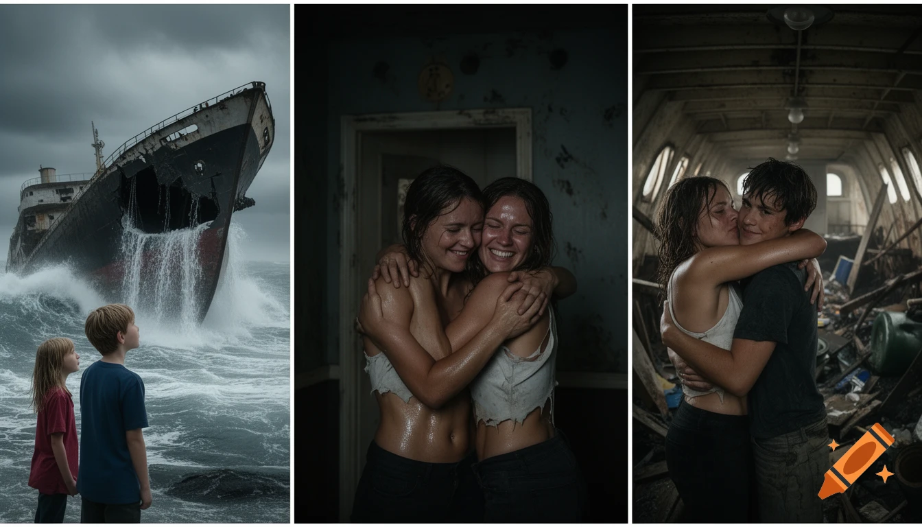 A three-panel image. Left: Two children watch a damaged shipwreck in stormy seas. Middle: Two wet young women with torn tops hug in a damaged room. Right: A wet young man and woman hug amidst debris.