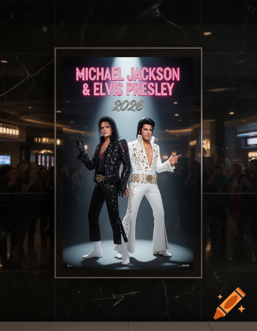 Photorealistic movie poster of Michael Jackson and Elvis Presley for '2026' in a dark theater lobby.