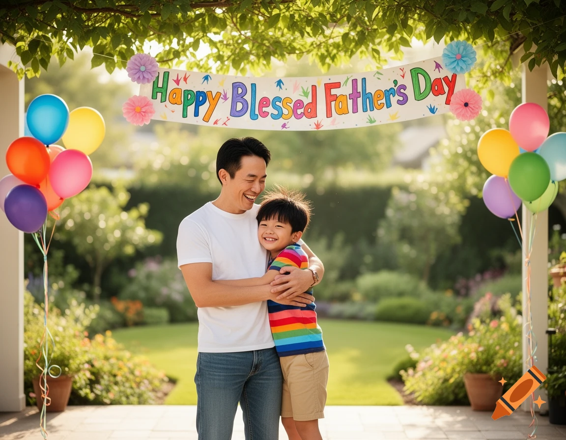 A smiling father hugs his young son outdoors under a 'Happy Blessed Father's Day' banner, surrounded by colorful balloons in a sunny garden.