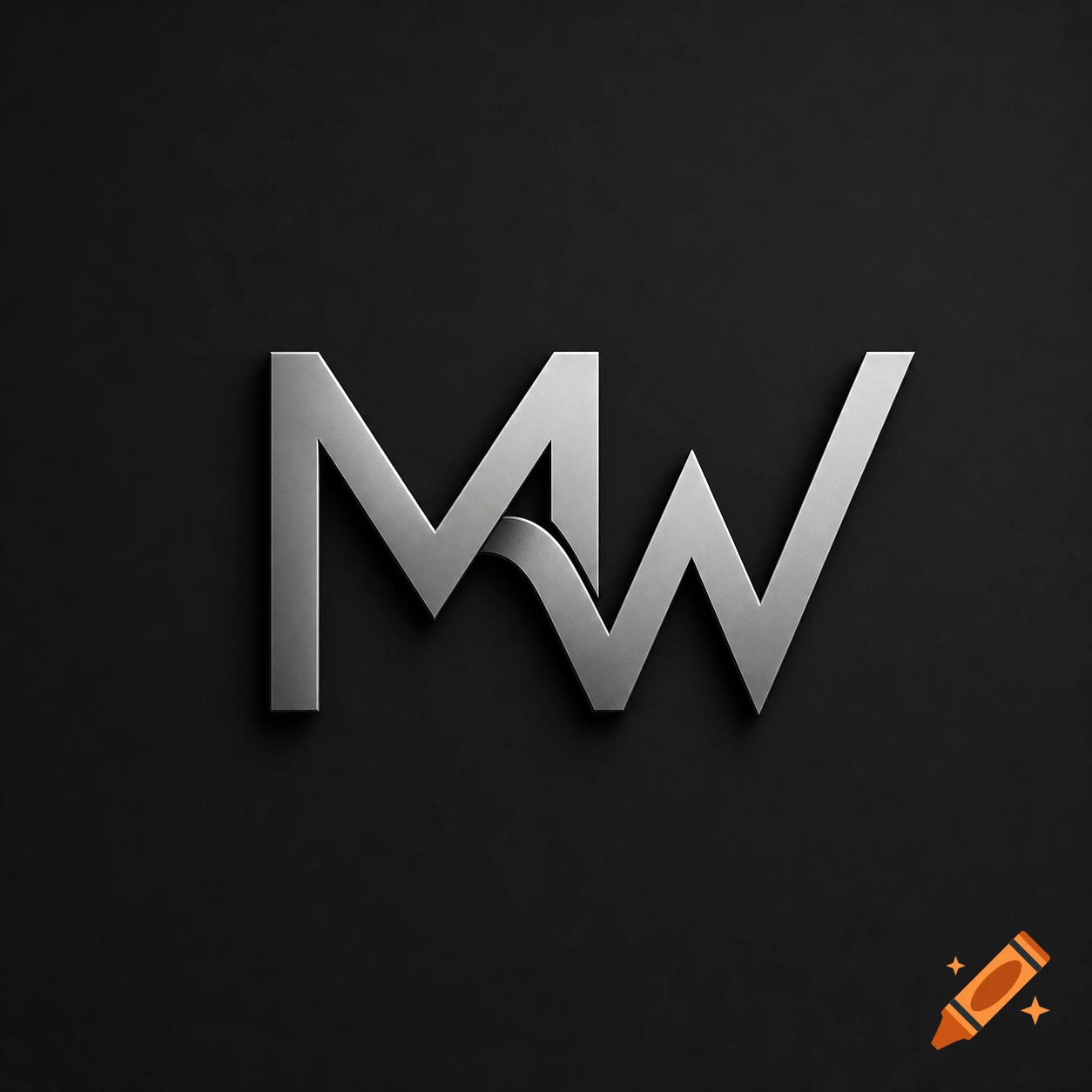 Silver 3D logo featuring the letters 'MW' intertwined, casting a shadow on a dark, textured background.