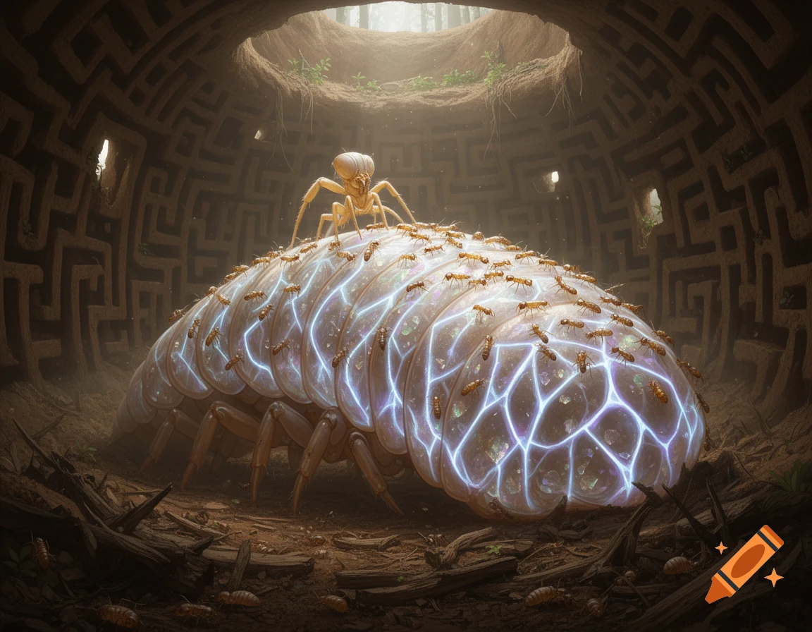 A giant, pale, bloated termite queen with glowing crystal veins and smaller termites swarming its back, inside a labyrinthine underground mound.