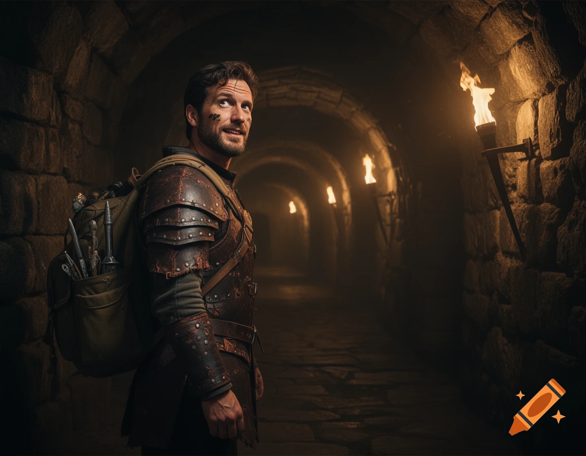 A man in brown leather armor and a backpack looks up while walking through a dark, torch-lit stone dungeon tunnel, photorealistic.