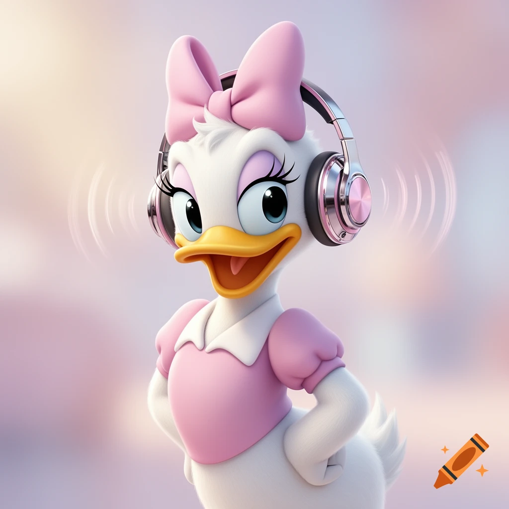 A 3D cartoon of Daisy Duck wearing pink headphones and a pink bow, smiling happily against a soft pastel background.