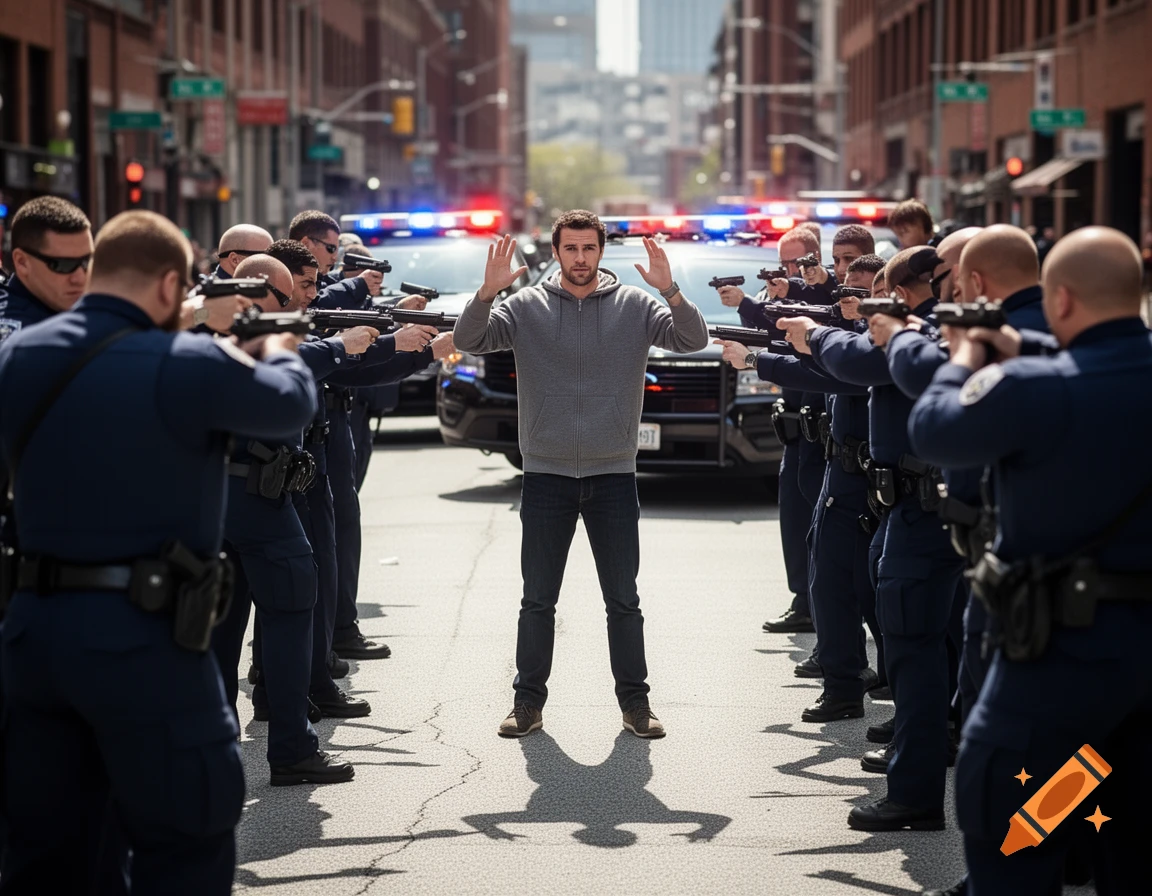 A man with hands raised surrenders to multiple police officers pointing guns at him on a city street, with a police car in the background.