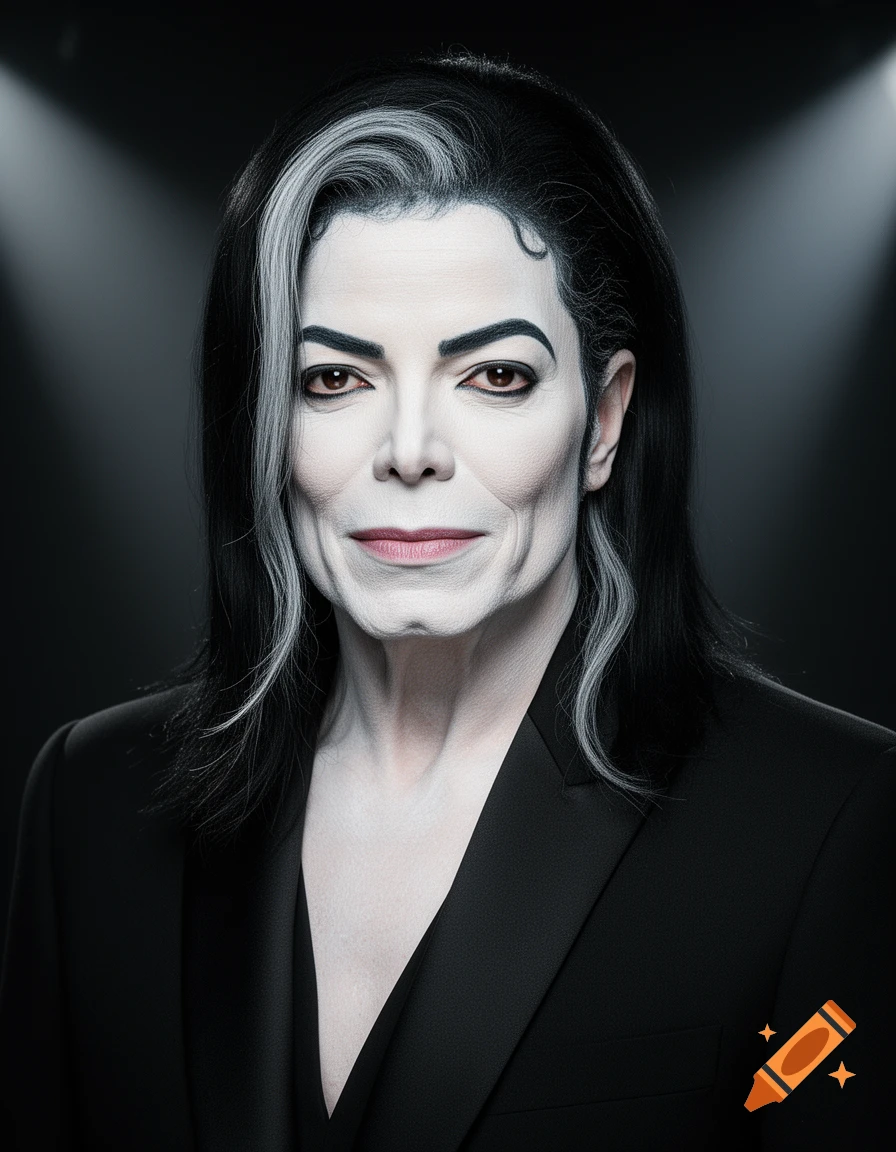 Photorealistic portrait of an elderly Michael Jackson with pale skin, heavy makeup, and long black and gray hair, in a black blazer.