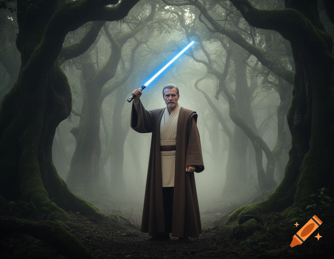 An older man resembling Obi-Wan Kenobi in a brown robe holds a blue lightsaber in a misty, mossy forest.