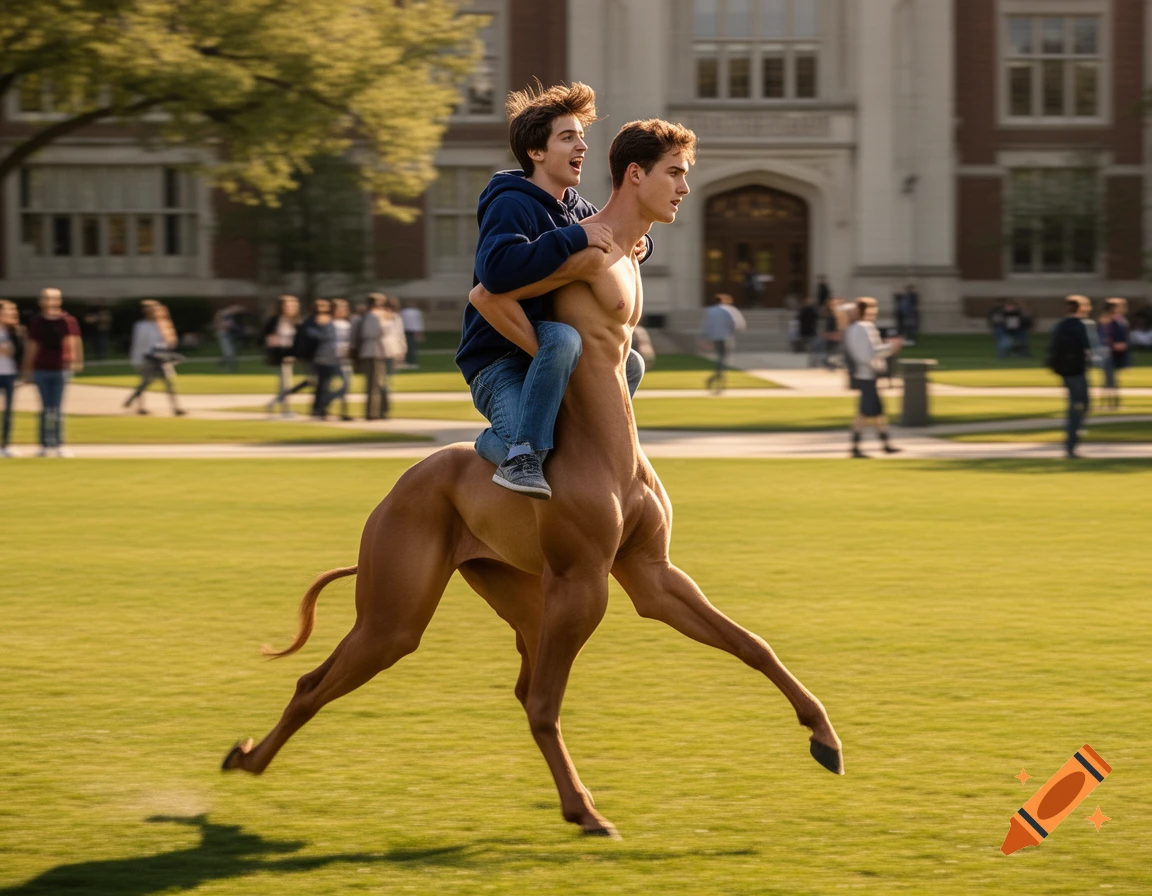 A student rides on the bare back of a centaur-like man with a human torso and horse legs, running across a college campus lawn.