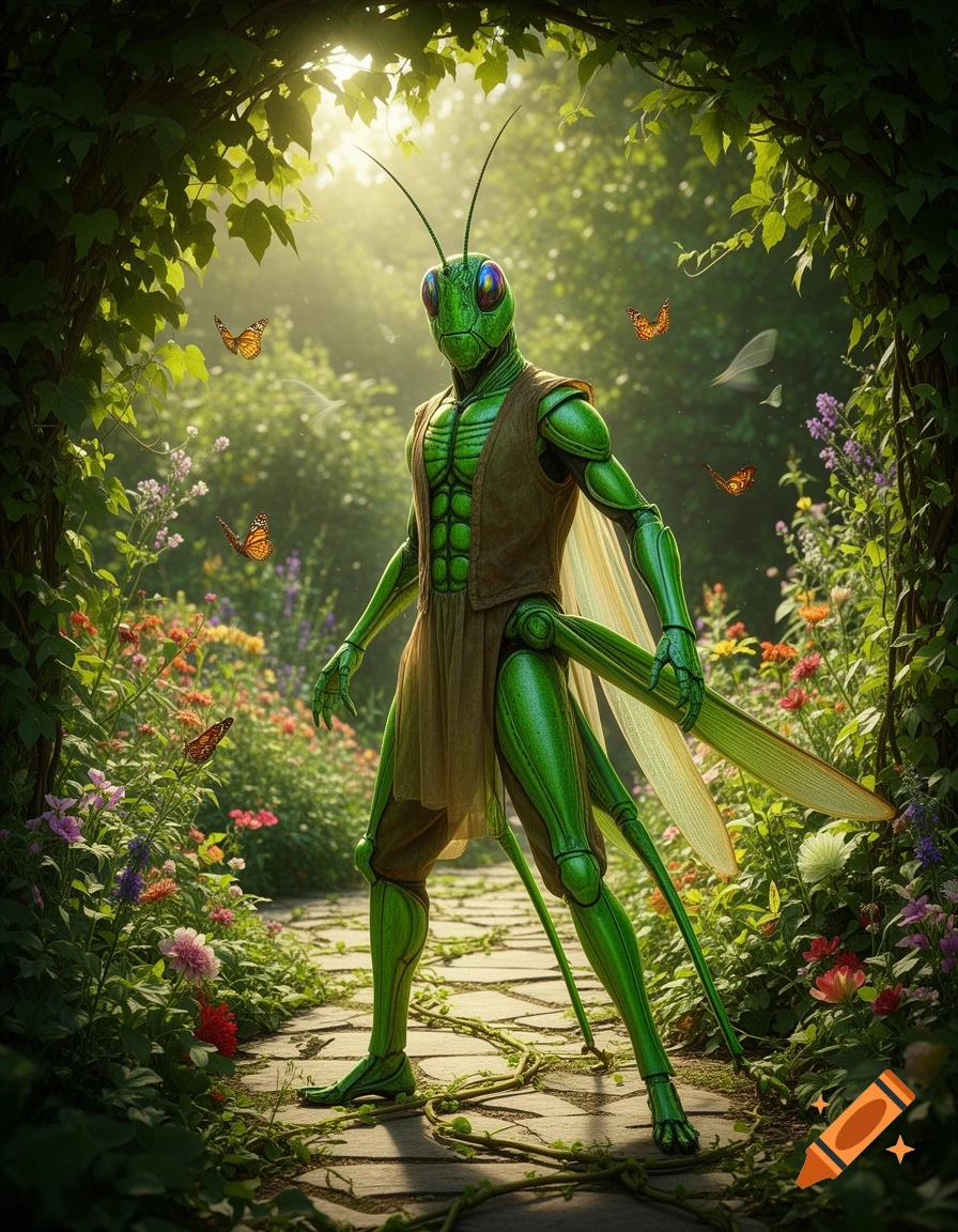 A green grasshopper humanoid with large iridescent eyes and a brown vest stands on a stone path in a sunlit, overgrown forest with butterflies.