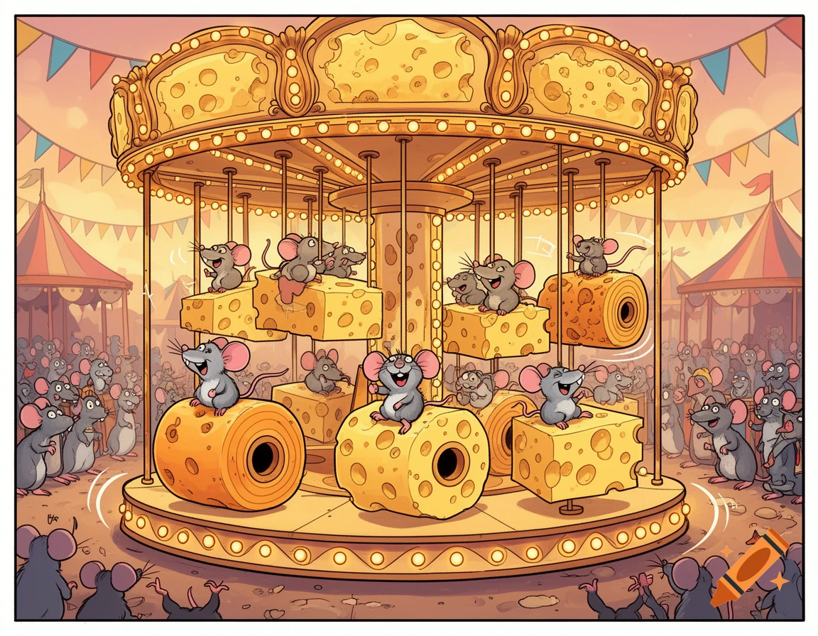 Cartoon mice happily riding a cheese carousel at a vibrant fairground.