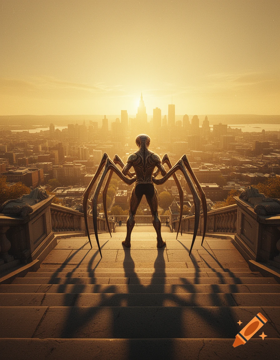 A humanoid alien with spider-like legs stands on grand steps, overlooking a vast city skyline bathed in golden sunset light.