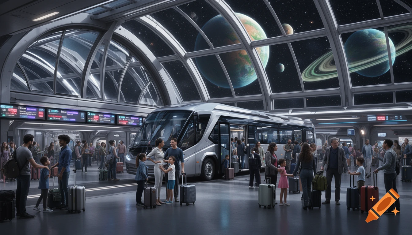 A futuristic space bus terminal with a silver bus, families with luggage, and planets visible through the arched glass ceiling.