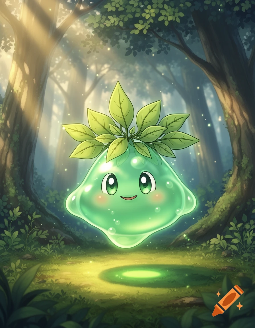 A cute, glowing green slime creature with green leaves on its head floats in a sunlit forest in anime style.