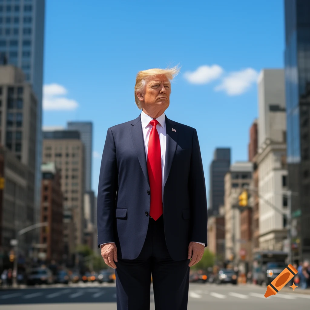 Photorealistic image of Donald Trump in a navy suit and red tie, standing in a city street under a blue sky.