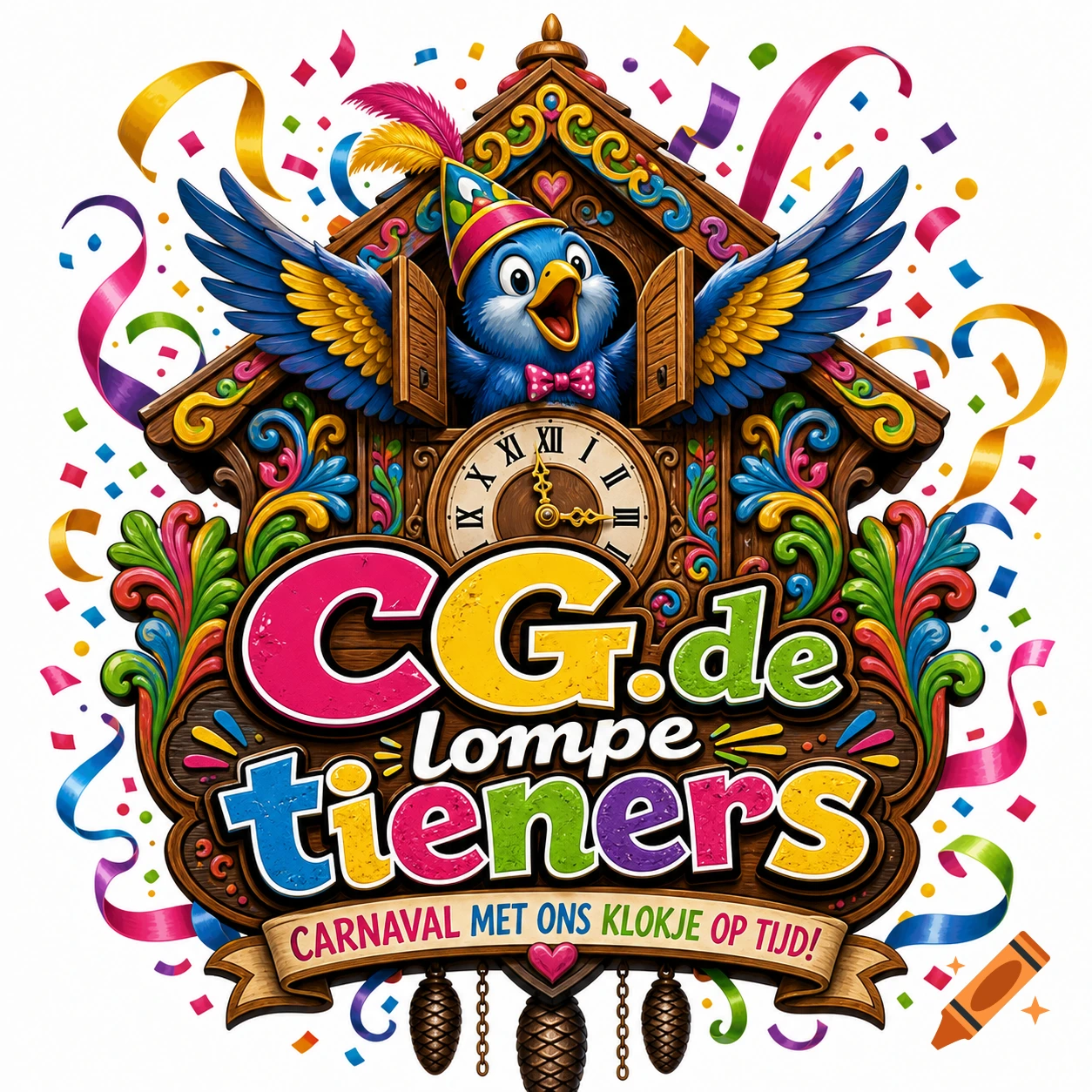 Vibrant carnival logo with a cuckoo clock, blue bird in party hat, confetti, and text 'CG.de lompe tieners' & 'CARNAVAL MET ONS KLOKJE OP TIJD!'.