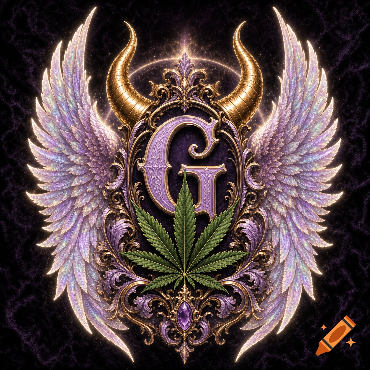 An ornate crest with a large lilac G, golden devil horns, iridescent angel wings, and a green marijuana leaf.