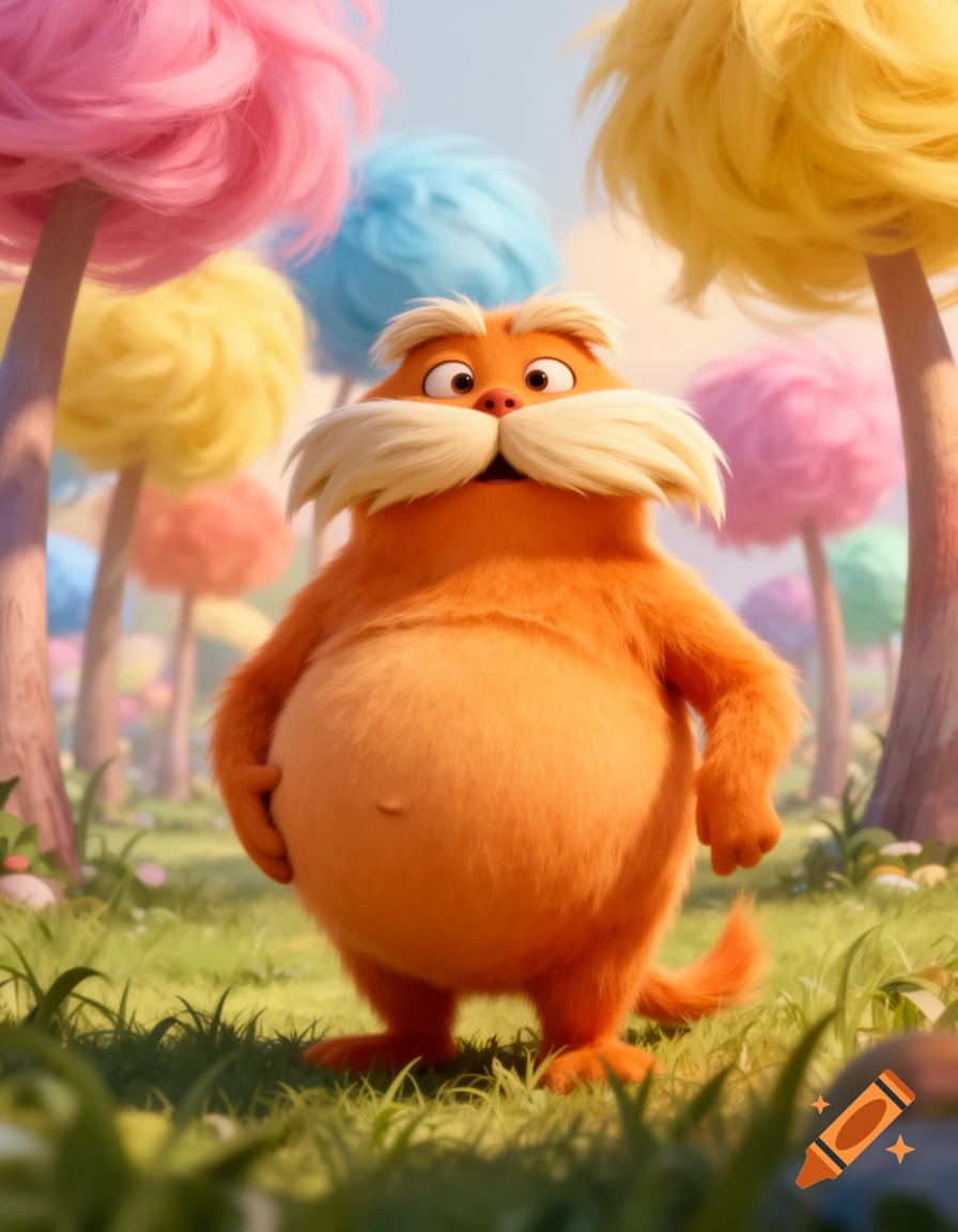 The Lorax, an orange furry creature with a large white mustache and round belly, stands in a vibrant field with colorful Truffula trees.