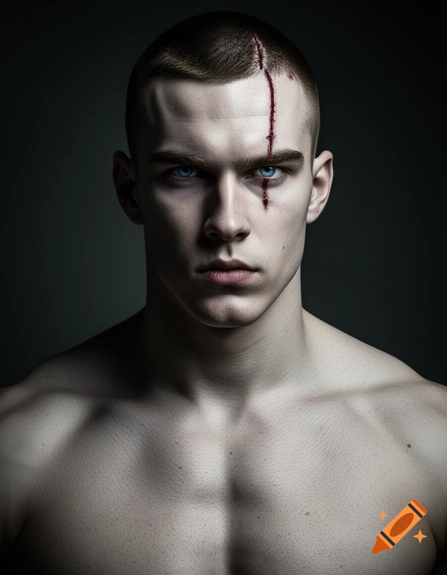 Hyper-realistic portrait of a muscular man with a vertical scar on his head and forehead, piercing blue eyes, and an intense expression.