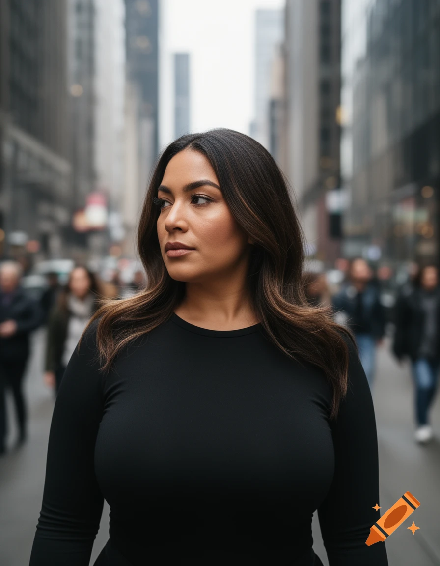 A photorealistic portrait of a woman with long dark hair, wearing a black long-sleeved top, looking to the side in a blurry city street.