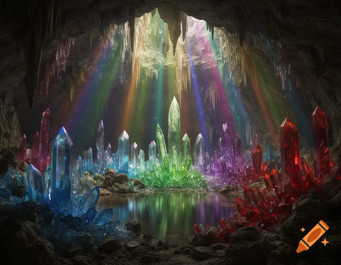 A vibrant cave filled with glowing, multicolored crystals reflecting into a serene pool, illuminated by rays of light.