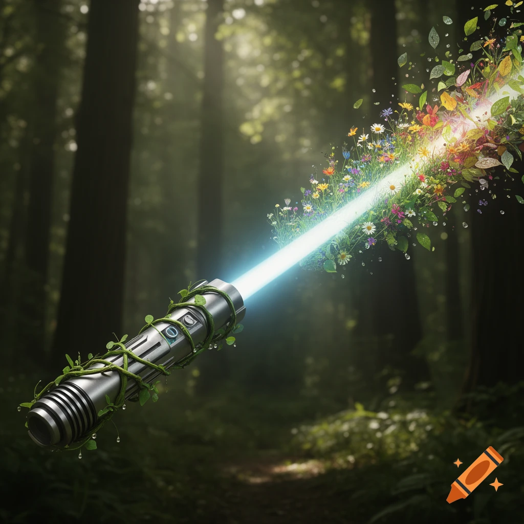 A photorealistic lightsaber hilt, wrapped in vines, emits a luminous beam transforming into flowers and leaves in a dark forest.