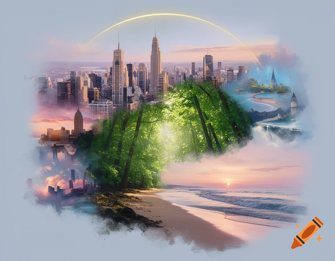 A vibrant composite image features a cityscape, lush forest, beach with sunset, and waterfalls blended artistically.