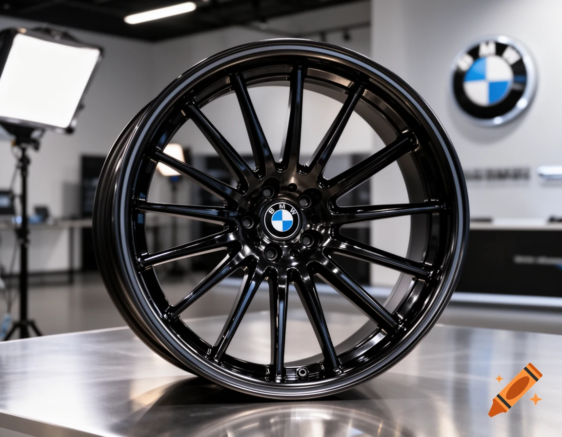A glossy black BMW car rim with a multi-spoke design is displayed on a metallic surface in a brightly lit studio setting.