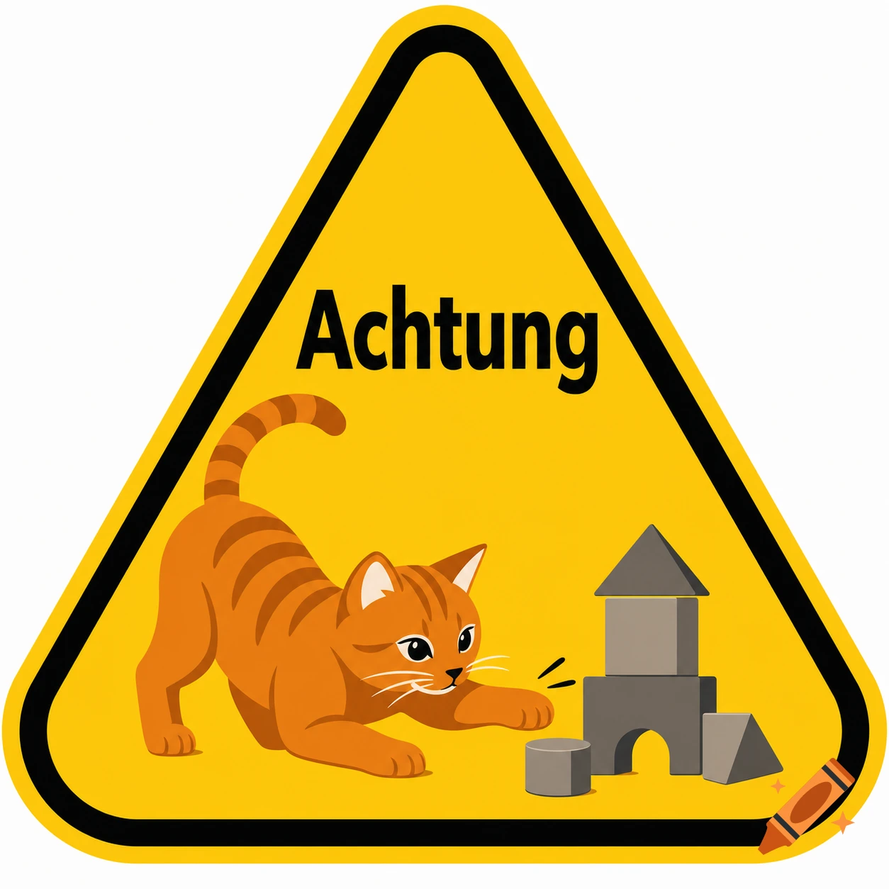 A yellow triangular warning sign with a black border, showing an orange tabby cat pouncing next to grey building blocks, with the word "Achtung" above it.