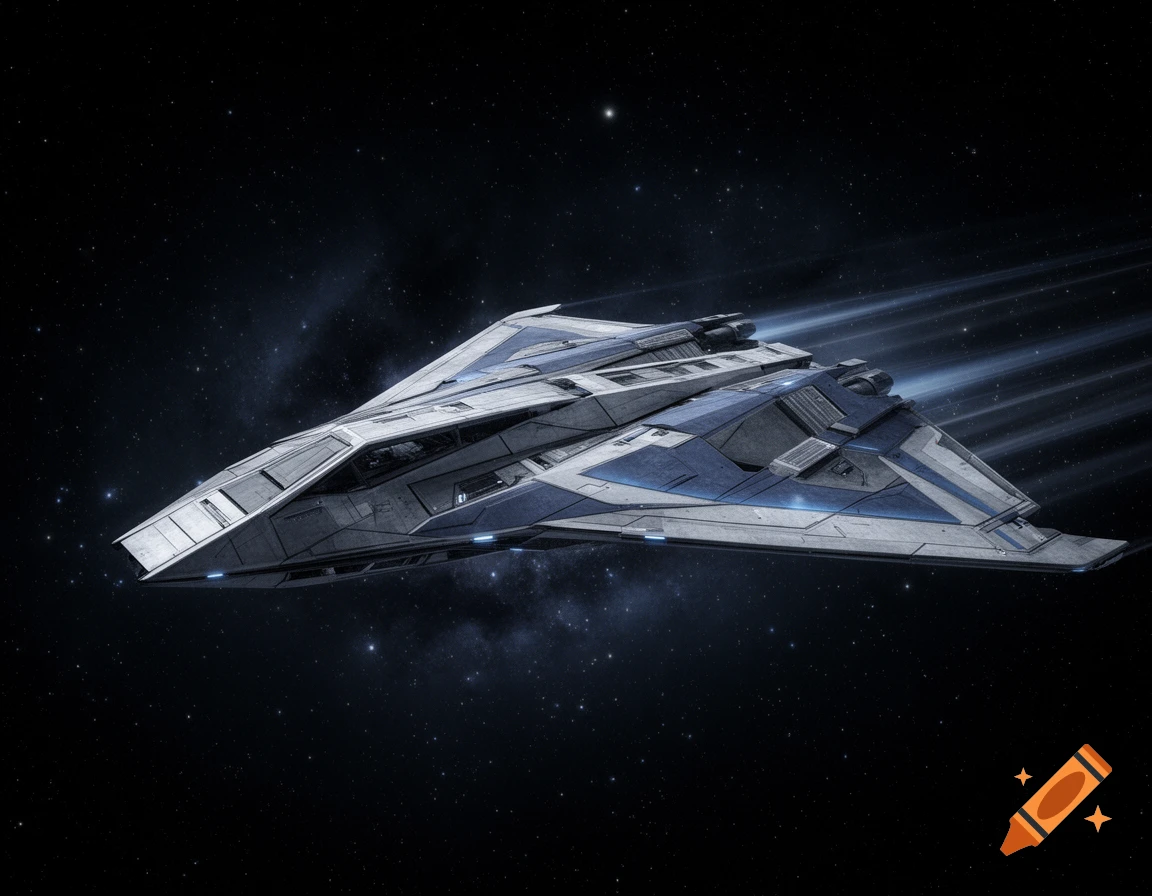 A sleek, angular grey and blue space fighter with engines glowing and speed trails, flying through a dark, star-filled galaxy.
