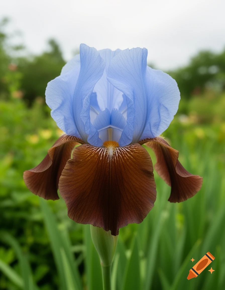 A close-up of a light blue and dark brown iris flower, with a blurred green garden in the background.