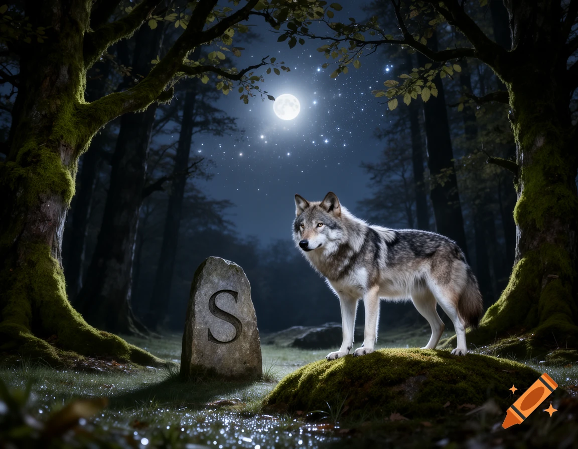 A photorealistic wolf stands on a mossy mound in a moonlit, star-filled forest next to a stone with an 'S' carved into it.