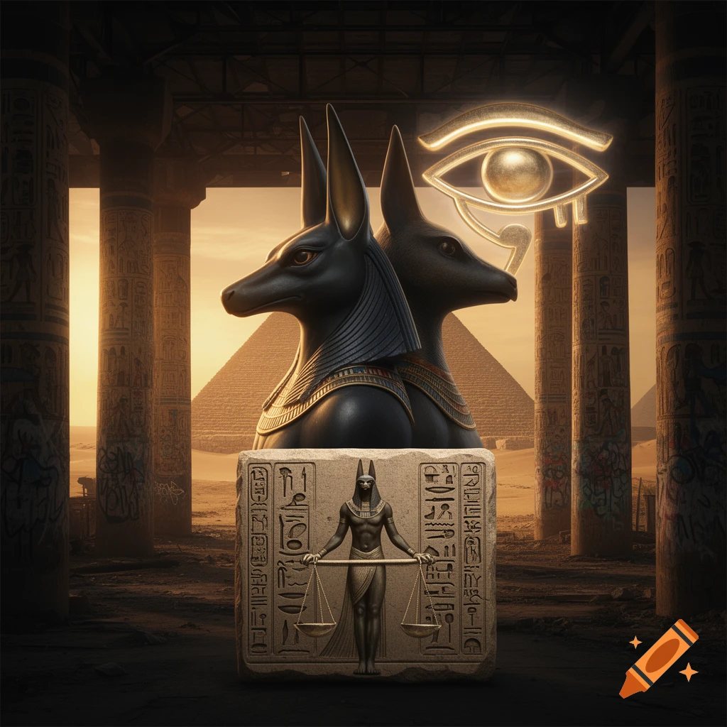 Digital art of two Anubis statues back-to-back on a stone block with hieroglyphs and a scale-holding figure, under a glowing Eye of Horus, with pyramids and pillars in the desert background at sunset.