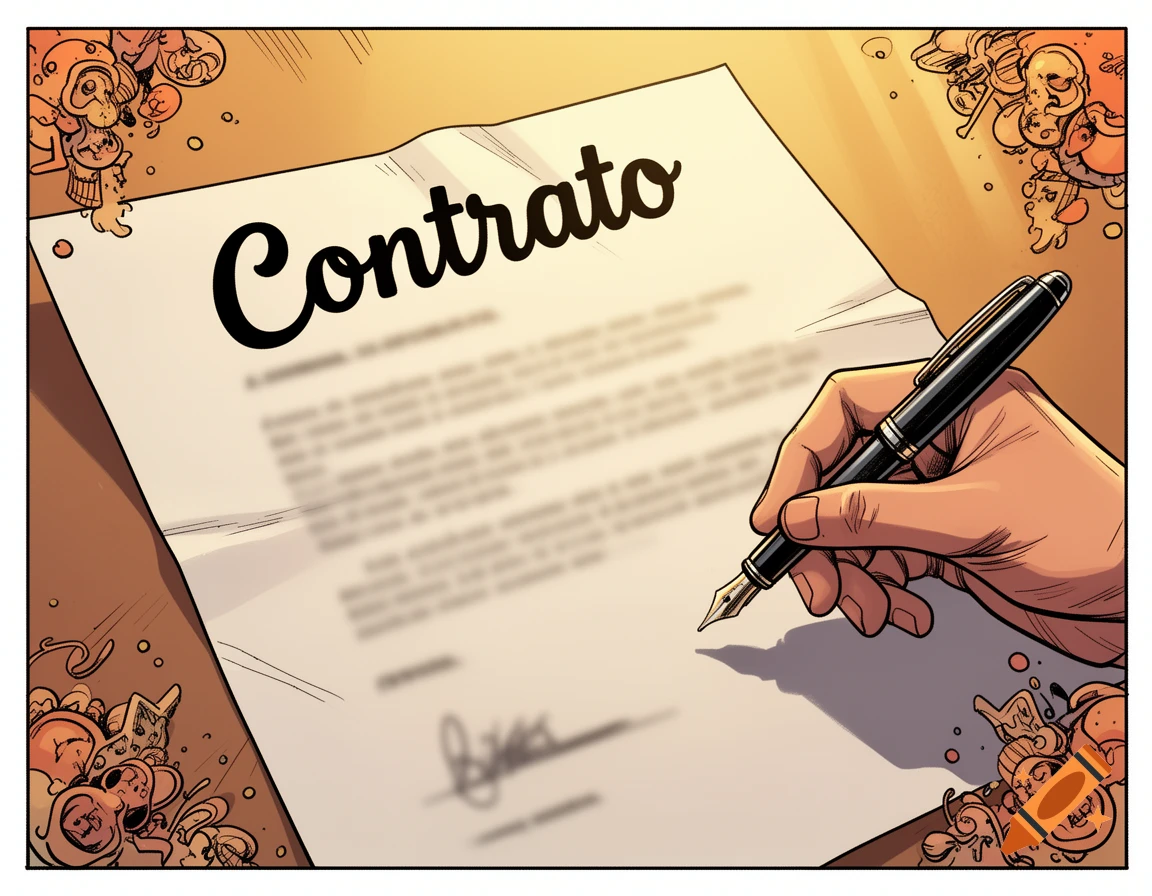 A comic art illustration of a hand holding a fountain pen, poised to sign a contract titled 'Contrato' on a desk.