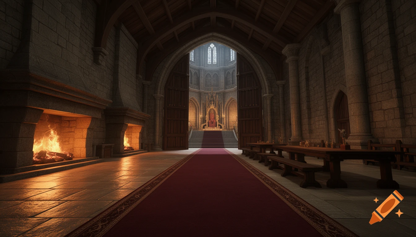 A grand medieval castle hall with a long red carpet leading to a majestic throne room, flanked by burning fireplaces and long wooden tables.