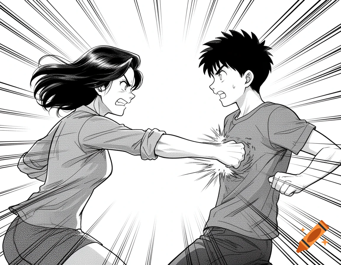 A black and white manga illustration of a woman punching a man in the abdomen, surrounded by speed lines.