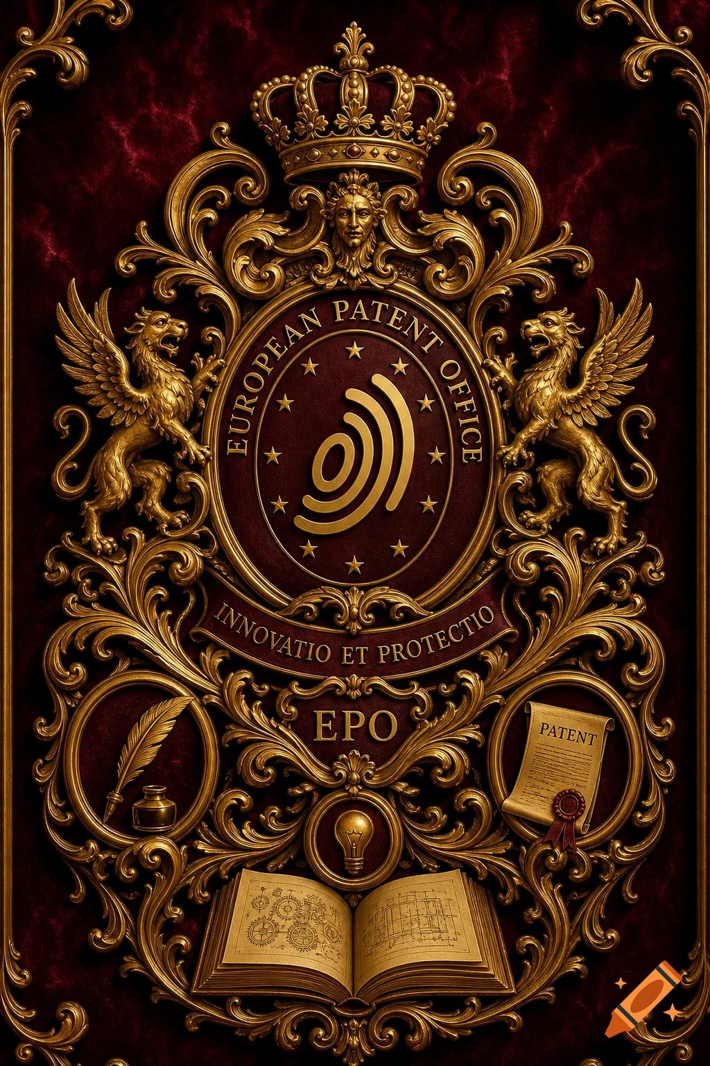 Ornate baroque-style emblem for the European Patent Office in gold and red, featuring griffins, a crown, and symbols of innovation.