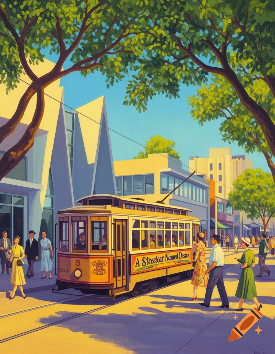 A vibrant David Hockney style painting of a yellow streetcar with 'A Streetcar Named Desire' on a sunlit street with people and buildings.