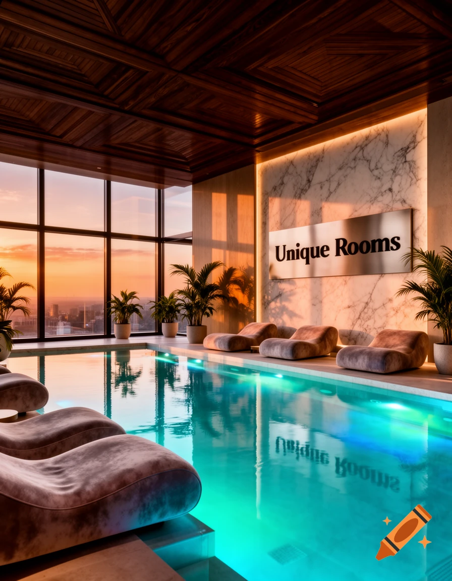 A luxurious indoor pool with lounge chairs, plants, and a 'Unique Rooms' sign on a marble wall, overlooking a city at sunset.