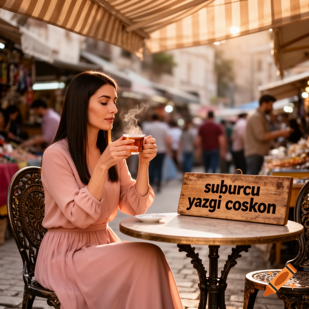 Photorealistic image of a woman in a pink dress enjoying steaming tea at an outdoor cafe, with a 'suburcu yazgi coskon' sign on the table.
