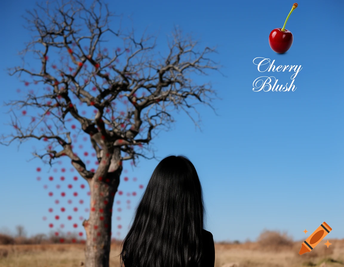 A girl with long black hair looks at a leafless tree under a blue sky with red polka dots. A cherry and 'Cherry Blush' text float above.