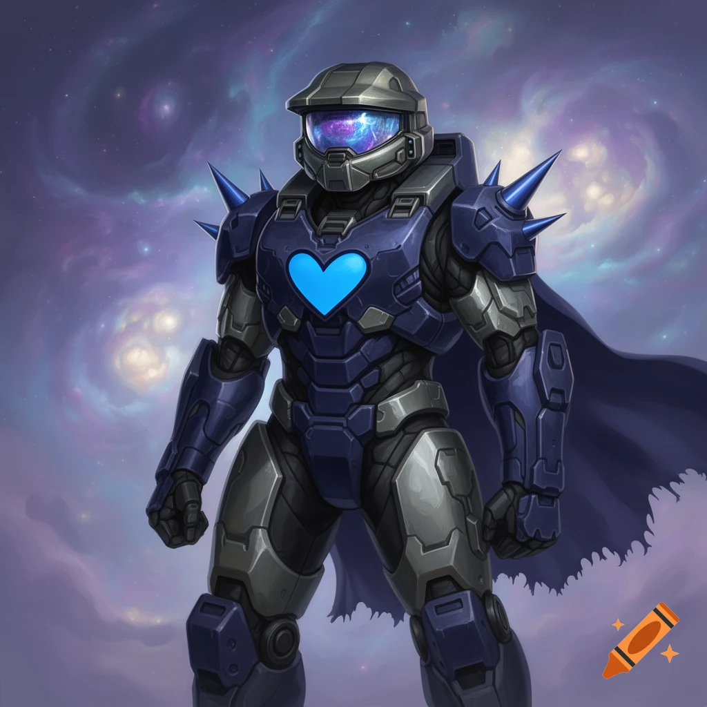 An armored Master Chief-like character with a blue heart on its chest and spiked shoulders, standing against a swirling galaxy background.