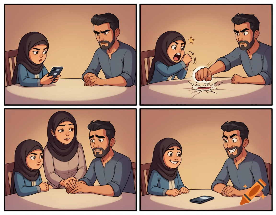 A 4-panel cartoon comic strip shows a girl on her phone, an angry father, a mother mediating, and the family later smiling with the phone put away.