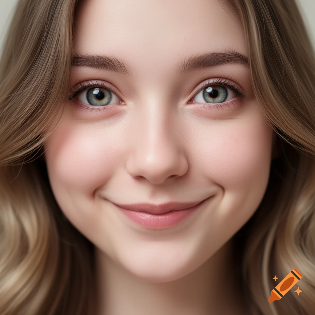 Close-up photorealistic portrait of a young woman with blonde hair and blue eyes, smiling softly.