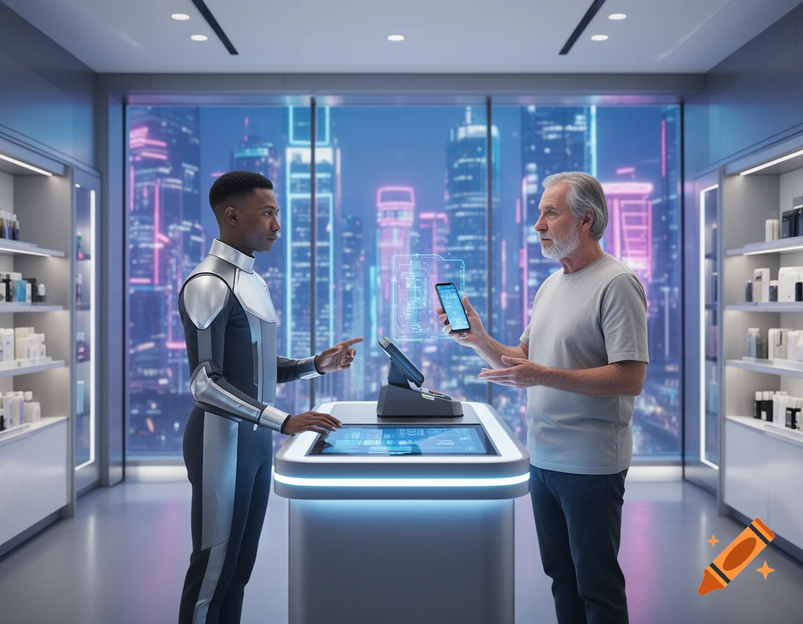 A customer in a modern store holds a phone while a vendor in a futuristic suit interacts with a glowing counter screen, with a city skyline in the background.