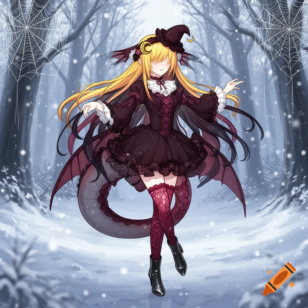 Anime dragon girl with blonde hair covering her eyes, wearing a dark gothic dress, hat, and lace stockings, in a snowy forest with spiderwebs.