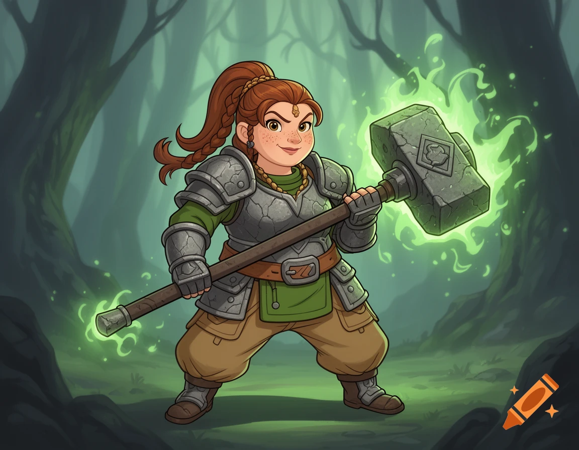 A cartoon female dwarf in stone armor holding a large green glowing warhammer in a misty forest.