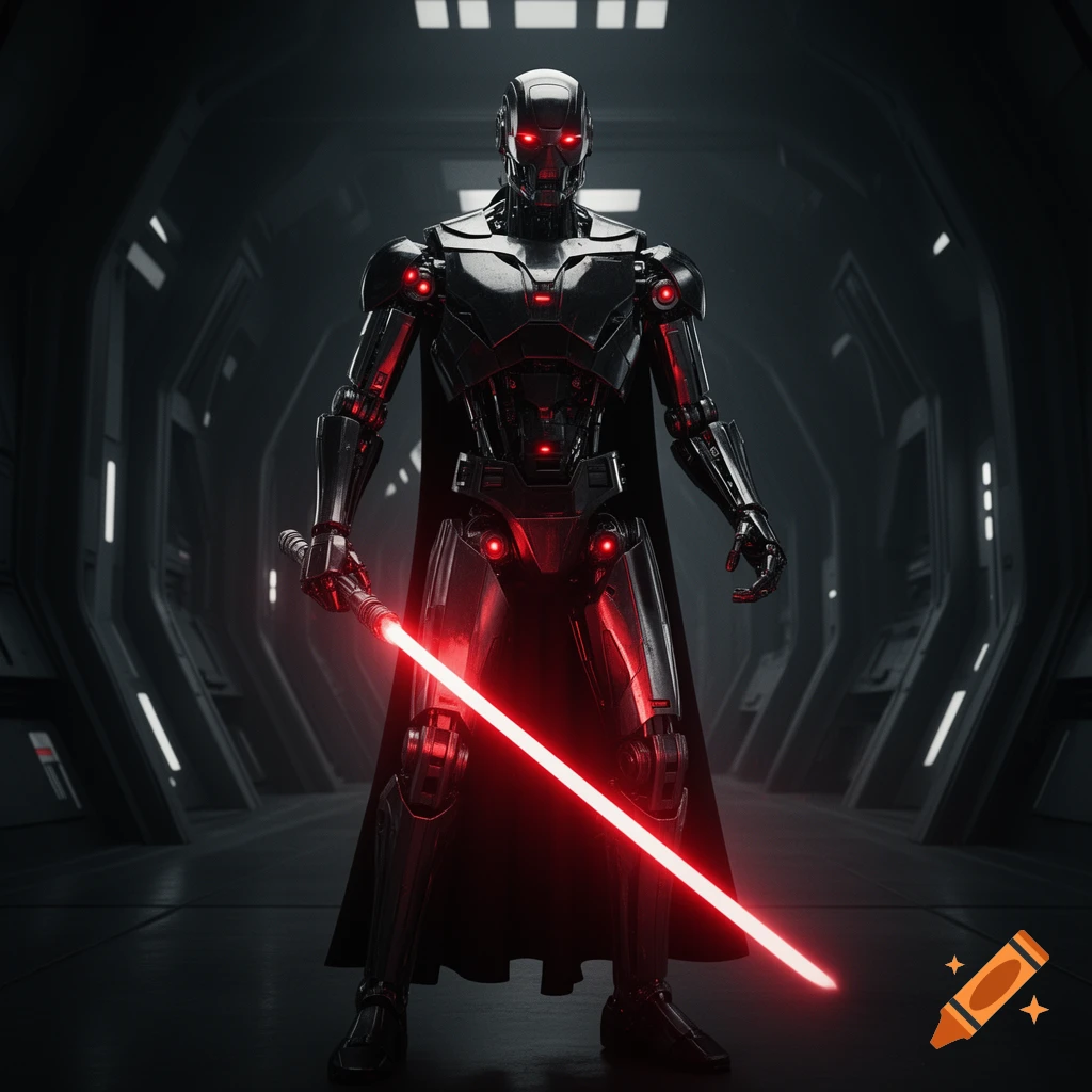 A photorealistic image of a menacing robotic Sith Lord with glowing red eyes, standing in a dark, futuristic corridor and holding a crimson lightsaber.