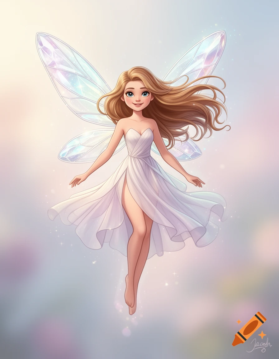 A cartoon fairy with long blonde hair, a white strapless dress with a thigh-high slit, and iridescent wings floats gracefully against a soft, dreamy pastel background.