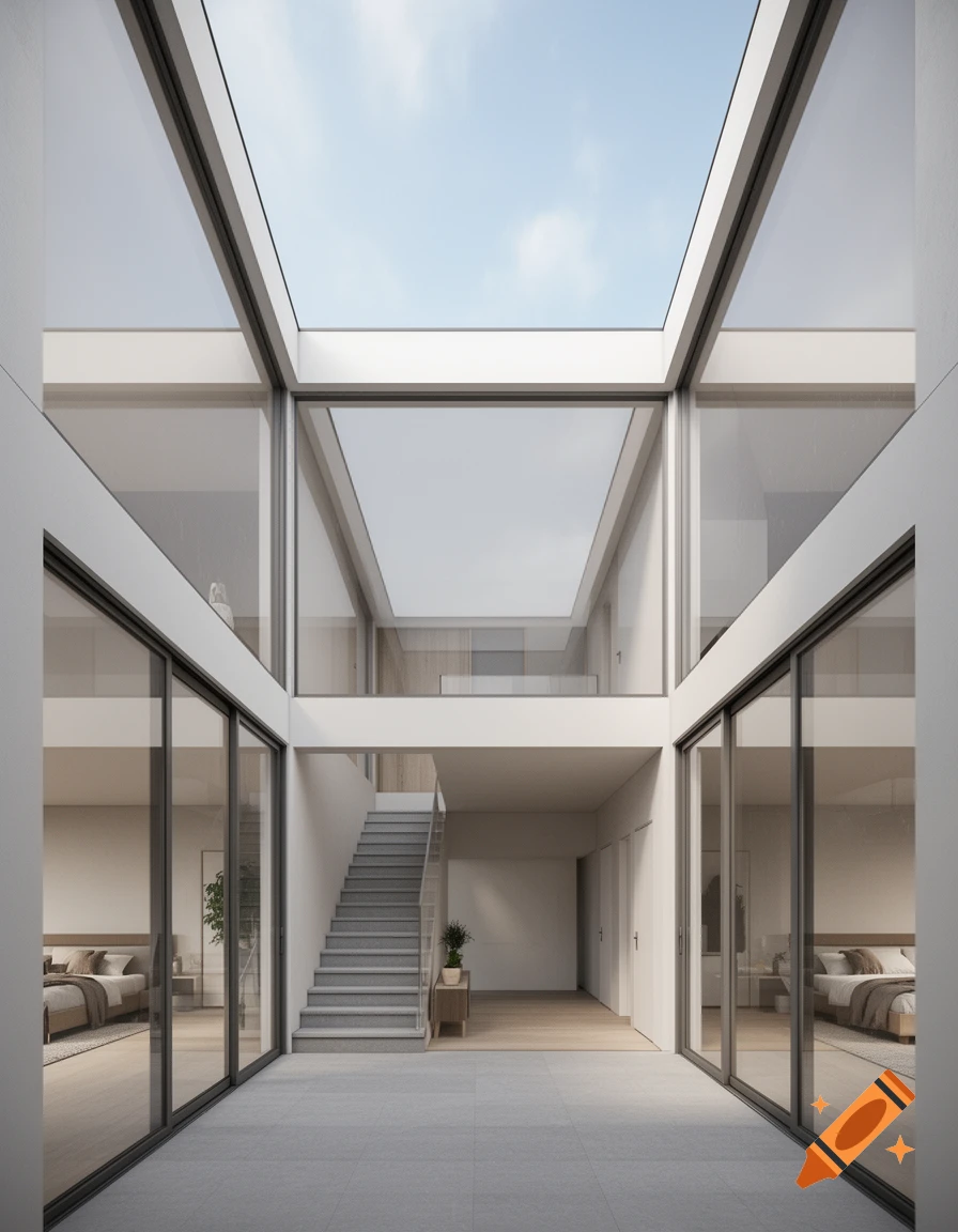 A photorealistic render of a modern 3-story atrium with a skylight, glass walls, a central staircase, and bedrooms visible through glass doors.