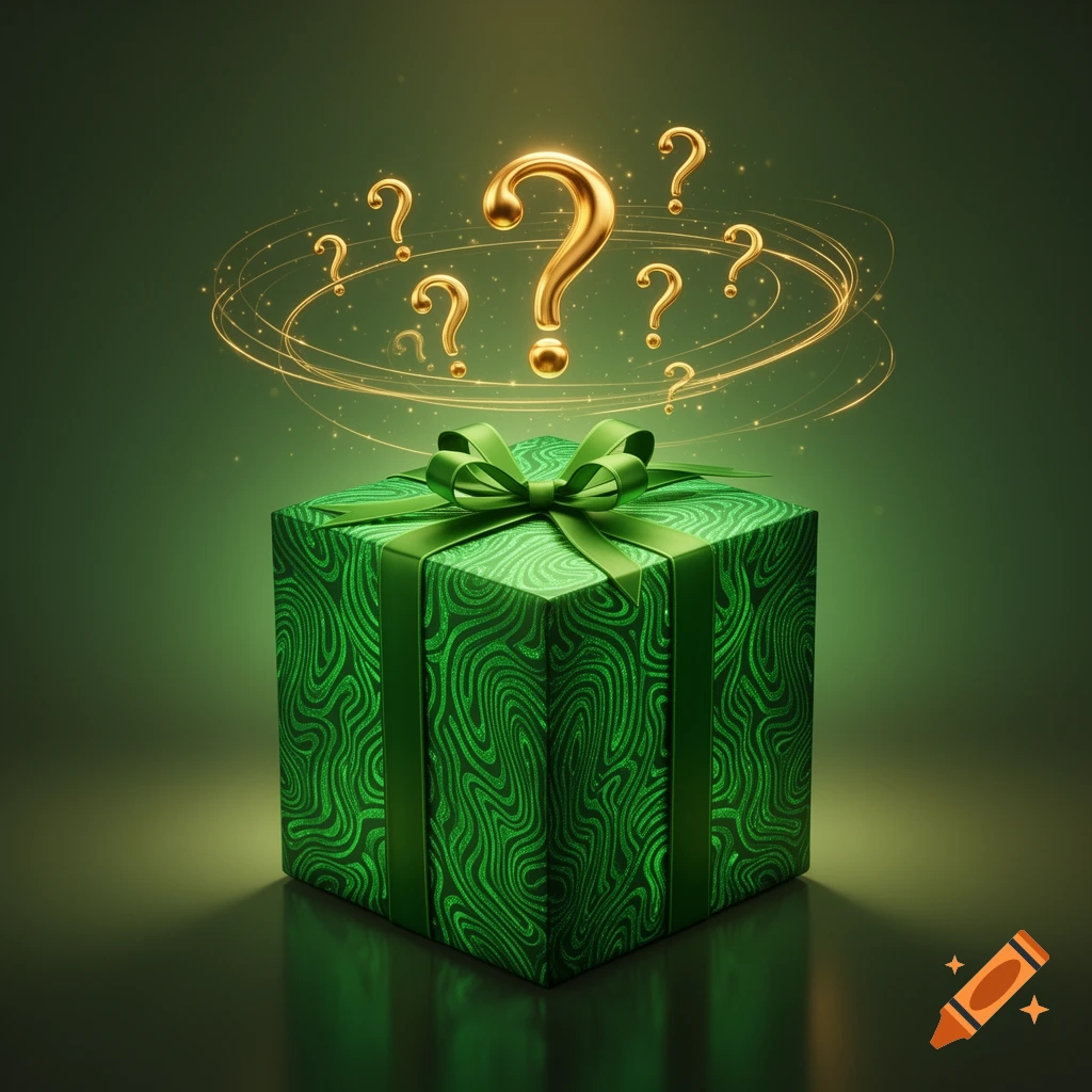 A shimmering green gift box with a ribbon and bow, surrounded by glowing golden question marks against a dark green background.